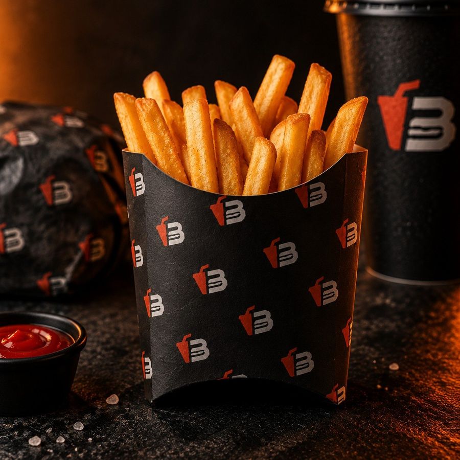 Embalagem de batata frita com a estampa do símbolo