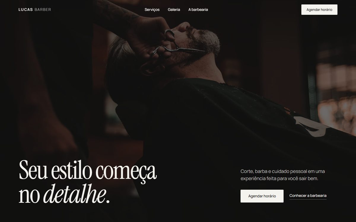 Página inicial do site Lucas Barber